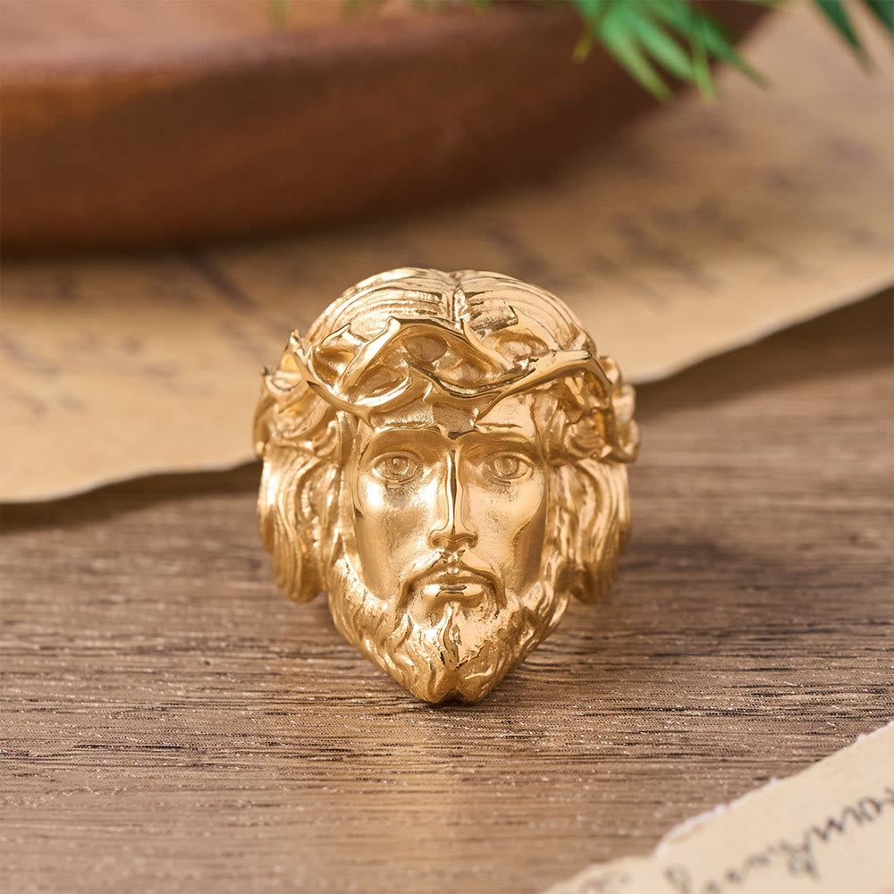 FREE Today: Solid Relief Crown of Thorns Holy Portrait Two-Tone Metal Statement Ring: Emblem of Boundless Heavenly Mercy - Golden - US 13 - image 1