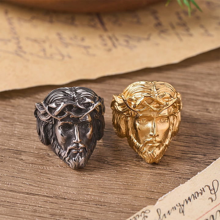 Christianartworkshop Solid Relief Crown of Thorns Holy Portrait Two-Tone Metal Statement Ring: Emblem of Boundless Heavenly Mercy - image 0