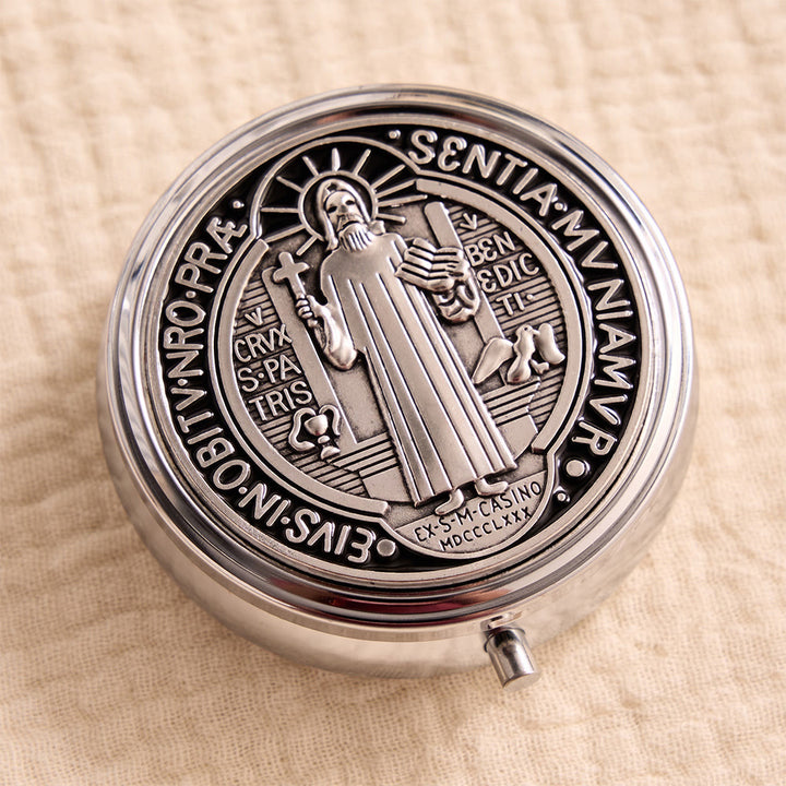 Christianartworkshop Portable Saint Benedict Hematite Rosary With Engraved Metal Storage Case - image 7