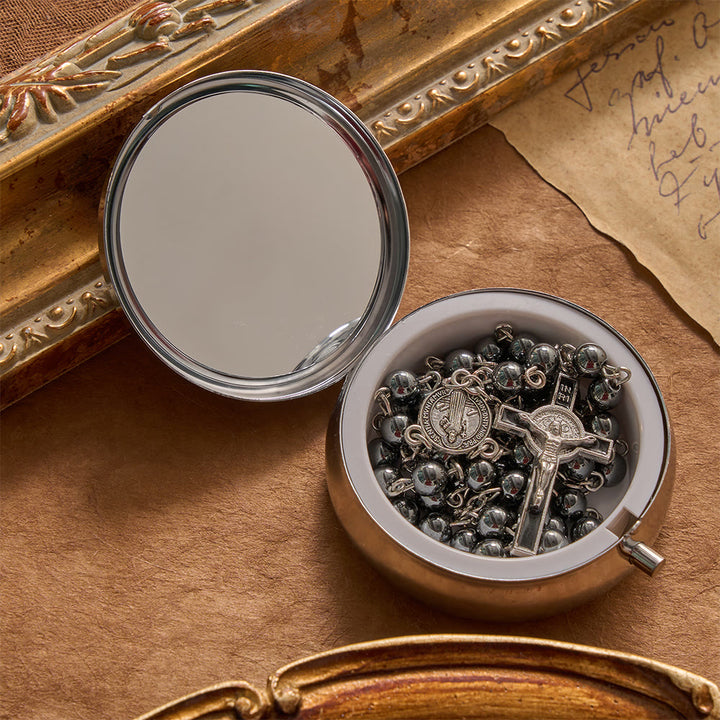 FREE Today: Portable Saint Benedict Hematite Rosary With Engraved Metal Storage Case - image 2