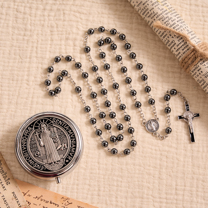 Christianartworkshop Portable Saint Benedict Hematite Rosary With Engraved Metal Storage Case - image 4