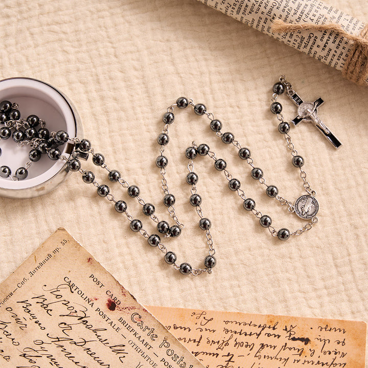 FREE Today: Portable Saint Benedict Hematite Rosary With Engraved Metal Storage Case - image 3