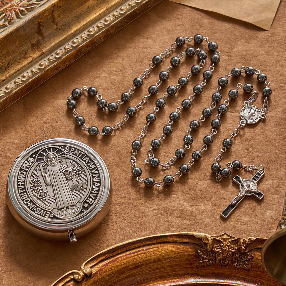 FREE Today: Portable Saint Benedict Hematite Rosary With Engraved Metal Storage Case - St.Benedict Rosary & Box - image 0