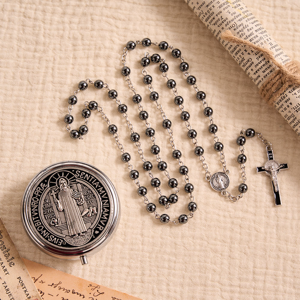 FREE Today: Portable Saint Benedict Hematite Rosary With Engraved Metal Storage Case - image 4