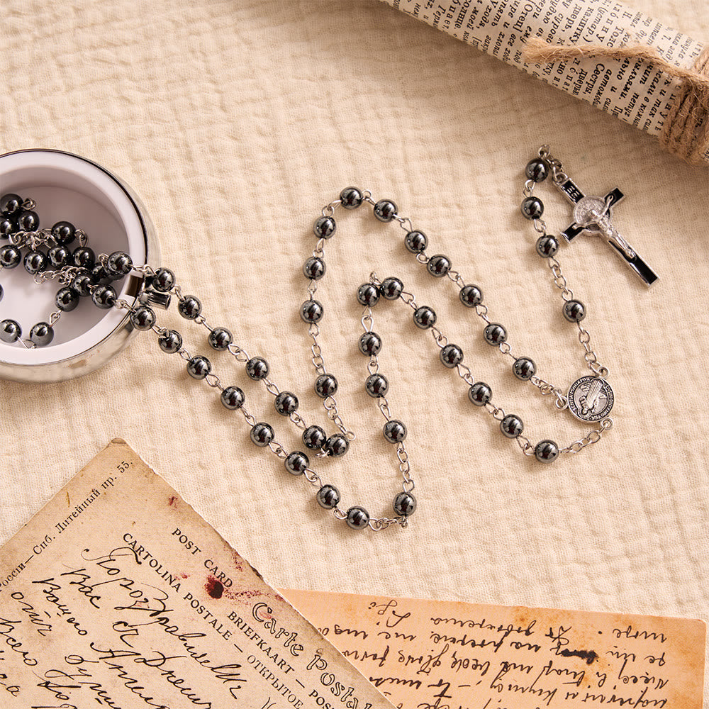 Christianartworkshop Portable Saint Benedict Hematite Rosary With Engraved Metal Storage Case - image 3