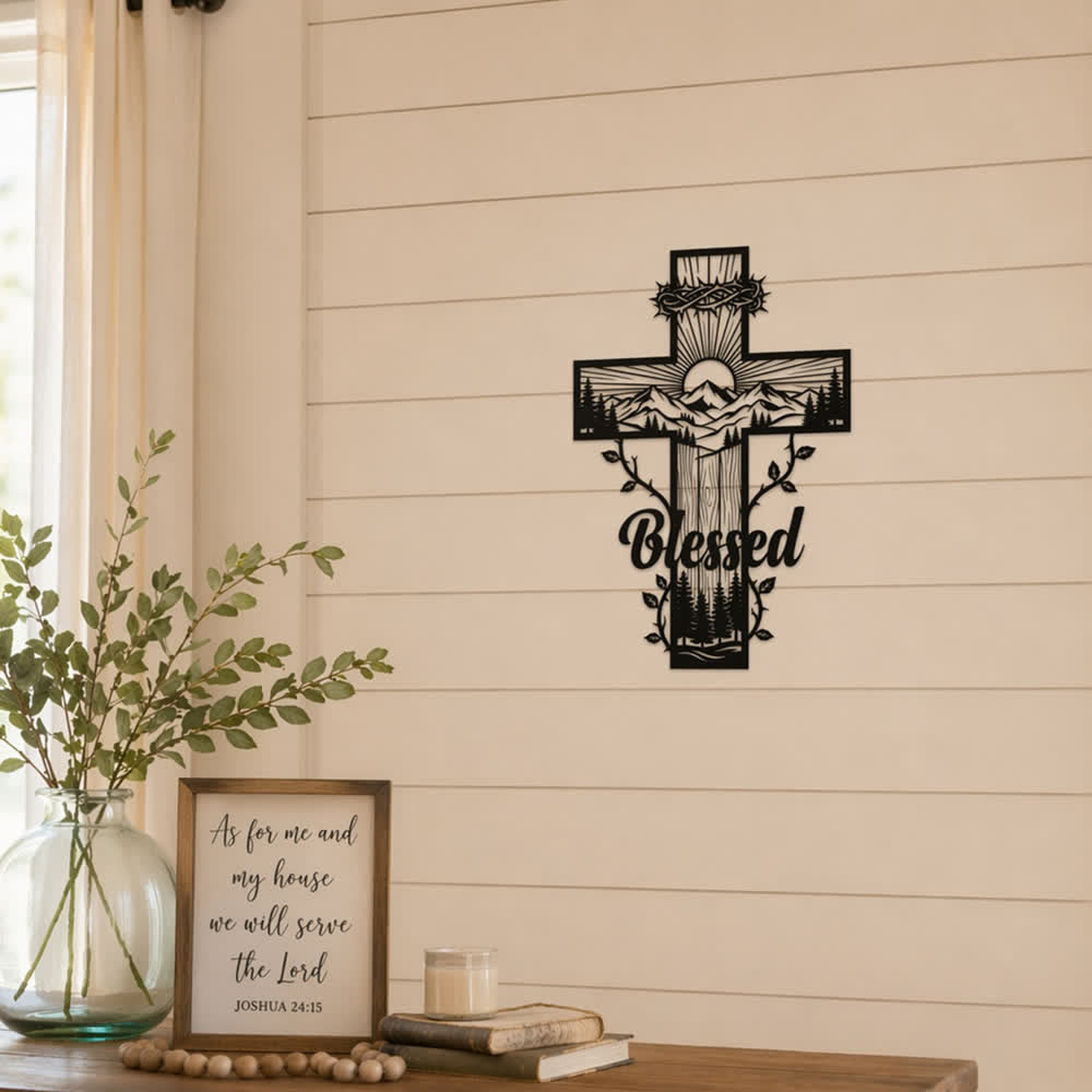 Christianartworkshop Vine Border Mountain Blessed Cross Metal Wall Decor: Symbol of Divine Blessing - image 2