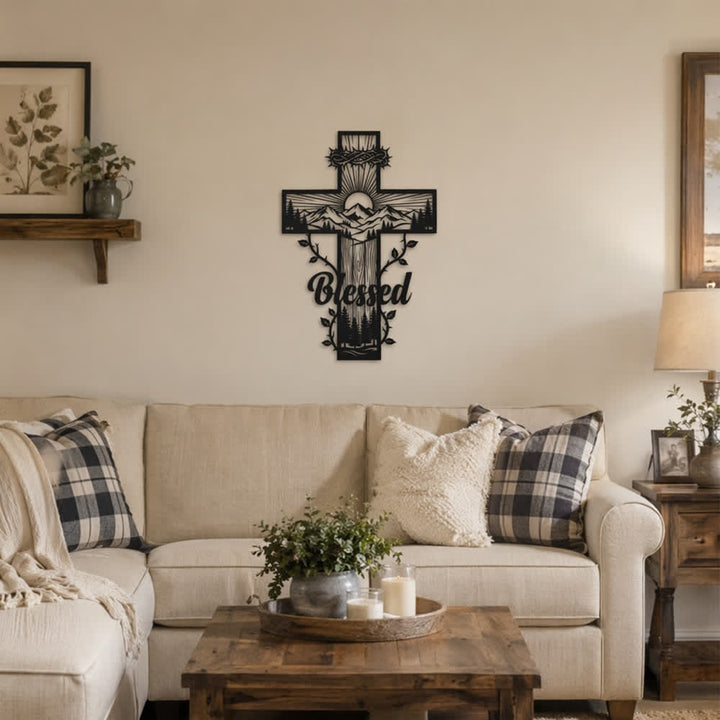 Christianartworkshop Vine Border Mountain Blessed Cross Metal Wall Decor: Symbol of Divine Blessing - image 1