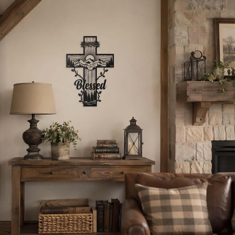 Christianartworkshop Vine Border Mountain Blessed Cross Metal Wall Decor: Symbol of Divine Blessing - image 7