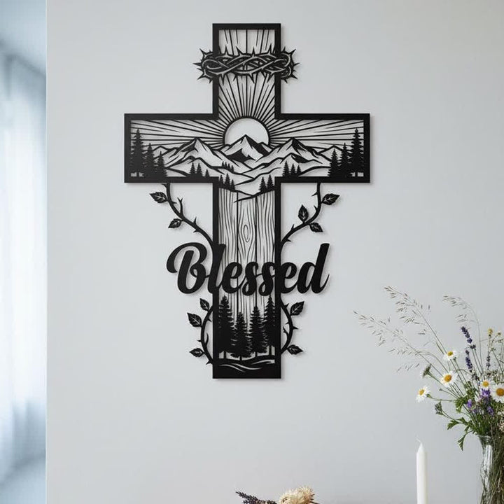 Christianartworkshop Vine Border Mountain Blessed Cross Metal Wall Decor: Symbol of Divine Blessing - image 0