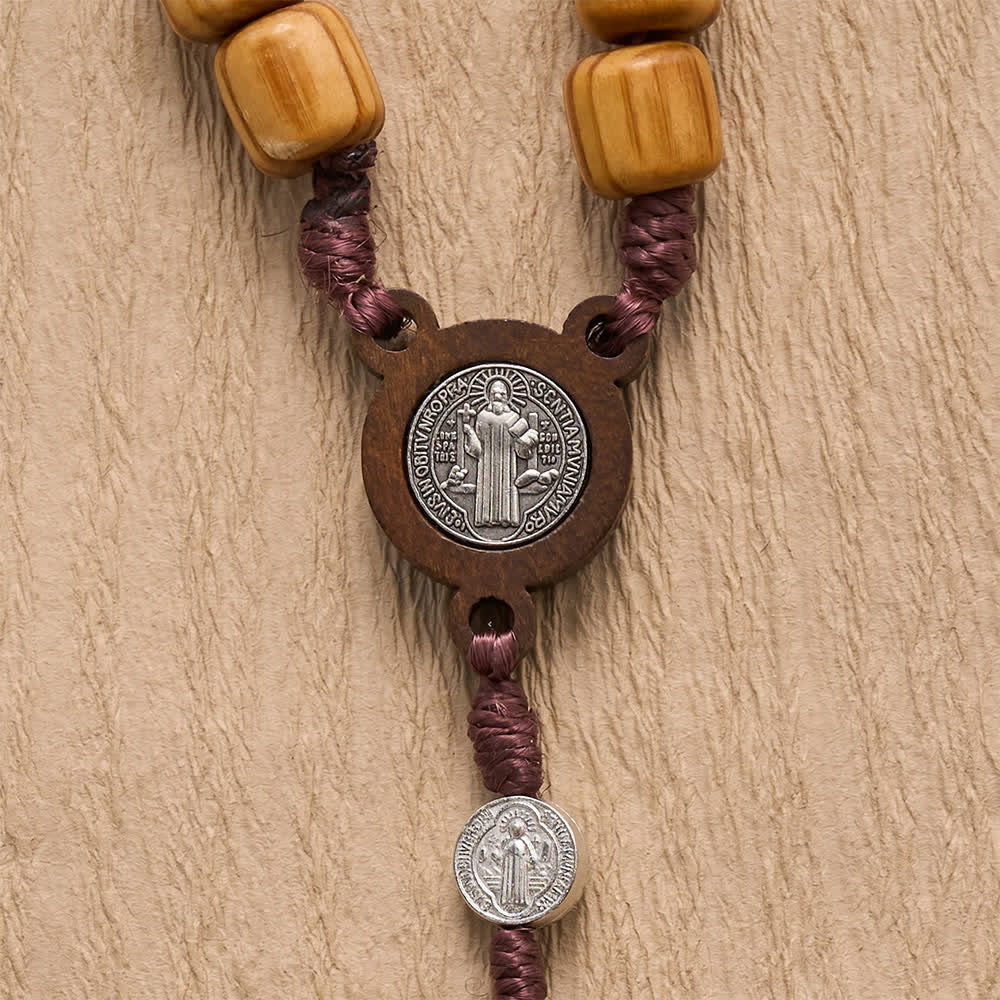 FREE Today: Natural Grain Barrel Timber Bead Knotted Cord Rosary With Mini Saint Benedict Medallions - image 4
