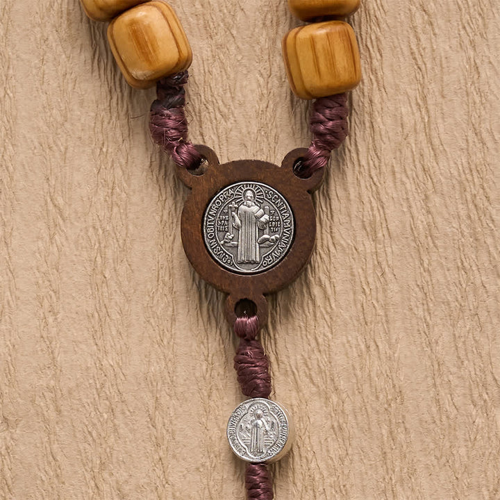 FREE Today: Natural Grain Barrel Timber Bead Knotted Cord Rosary With Mini Saint Benedict Medallions - image 4