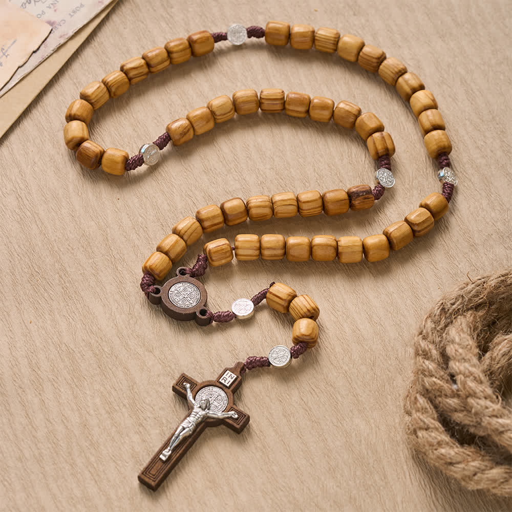 FREE Today: Natural Grain Barrel Timber Bead Knotted Cord Rosary With Mini Saint Benedict Medallions - Wood St.Benedict Rosary - image 0