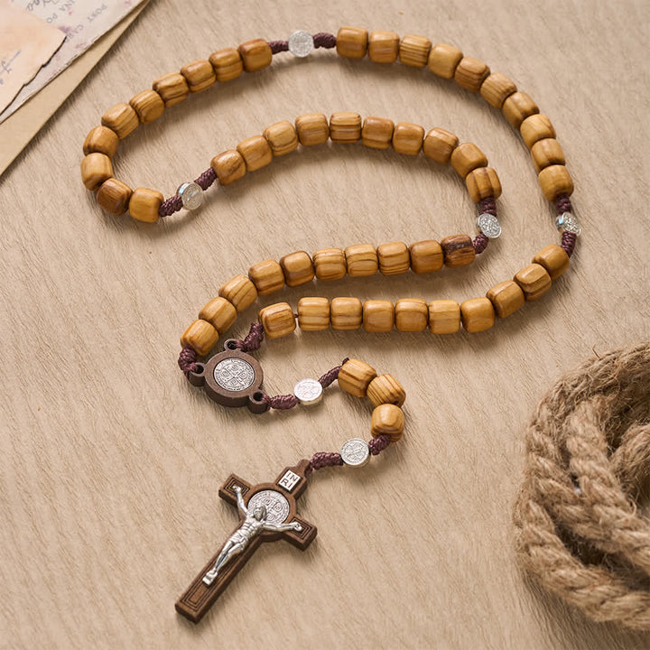 FREE Today: Natural Grain Barrel Timber Bead Knotted Cord Rosary With Mini Saint Benedict Medallions - Wood St.Benedict Rosary - image 0