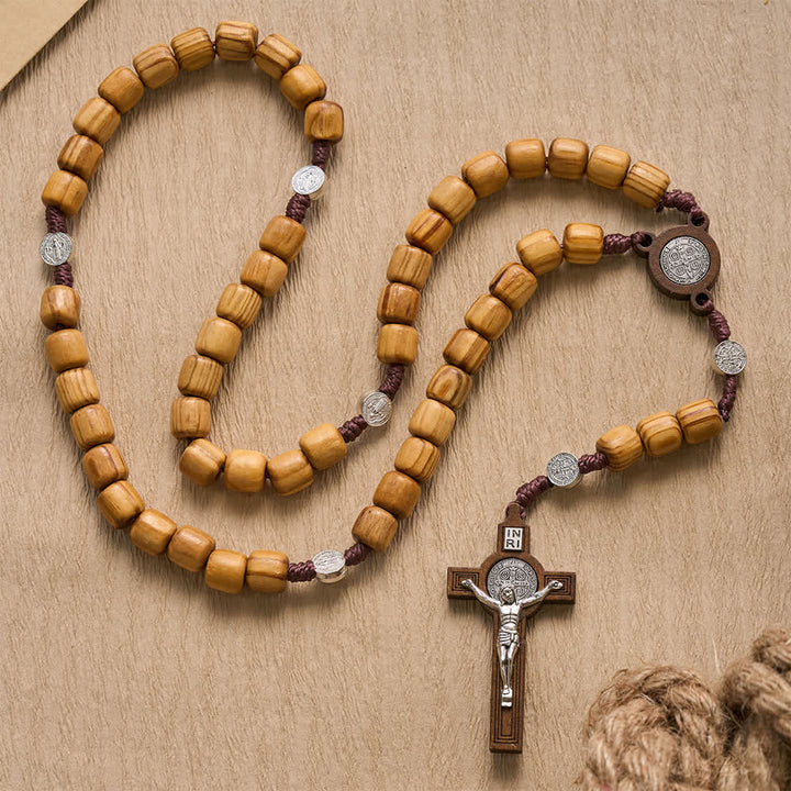 FREE Today: Natural Grain Barrel Timber Bead Knotted Cord Rosary With Mini Saint Benedict Medallions - image 2