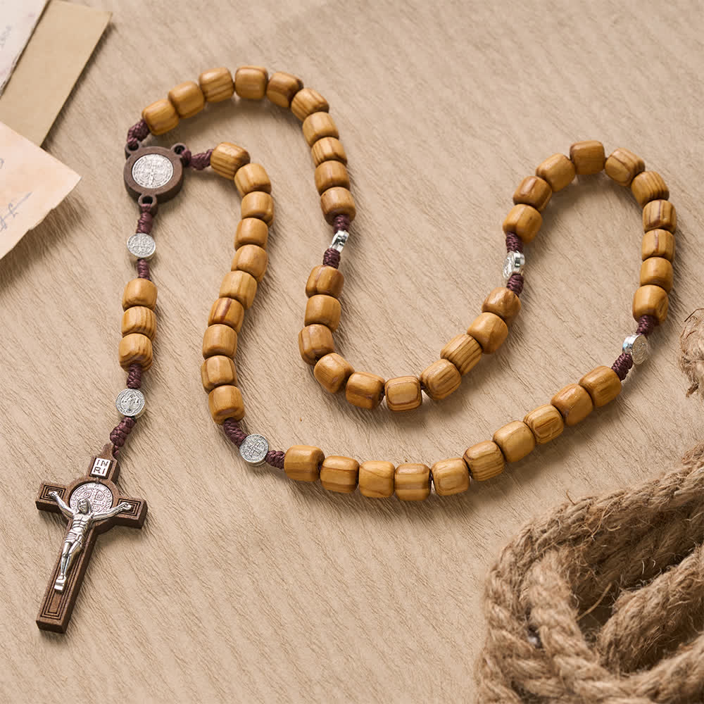 FREE Today: Natural Grain Barrel Timber Bead Knotted Cord Rosary With Mini Saint Benedict Medallions - image 1