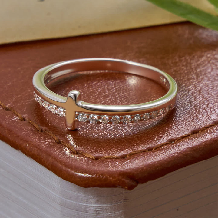 Christianartworkshop Dainty Side Raised Cross Half Pavé Zircon Sterling Silver Slim Band Ring: Emblem of Gentle Heavenly Guidance - Silver - US 10 - image 3