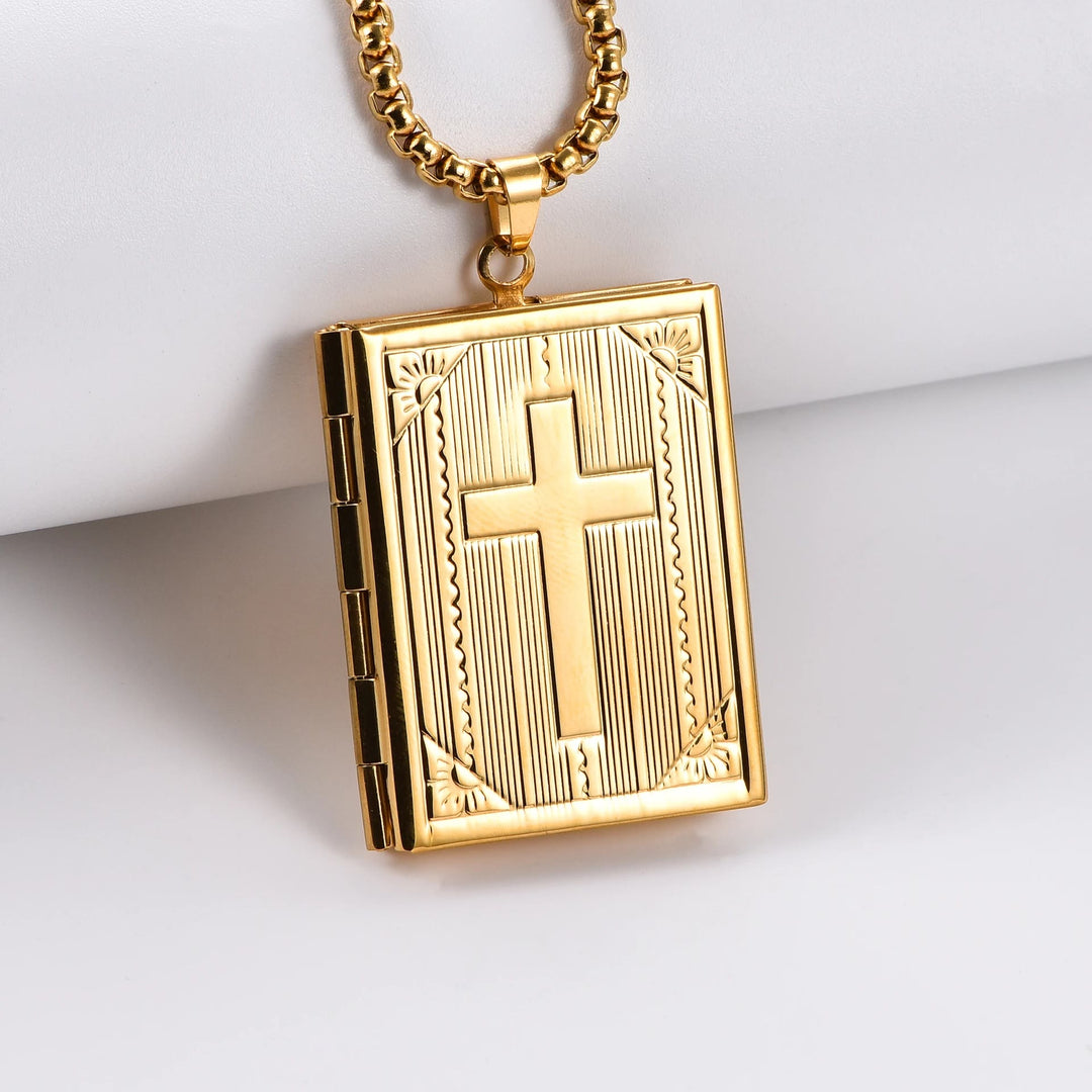Christianartworkshop Hinged Book Locket Jesus Cross Pendant Necklace - Golden - image 1