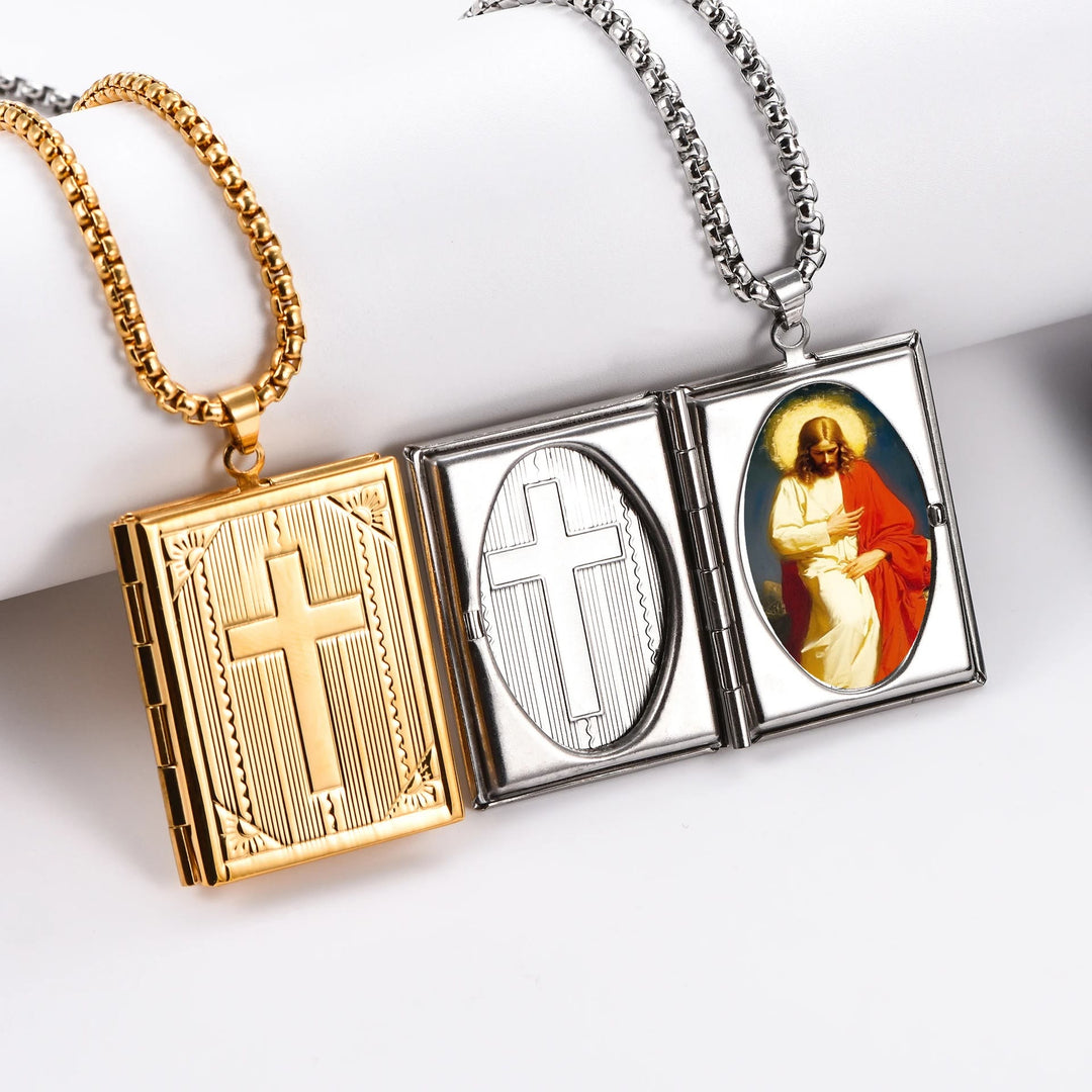 Christianartworkshop Hinged Book Locket Jesus Cross Pendant Titanium Necklace - image 5
