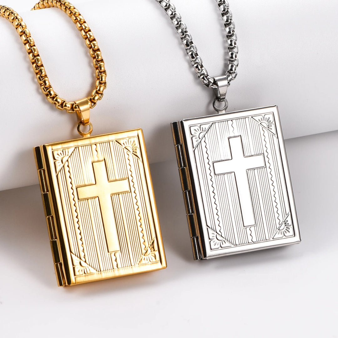Christianartworkshop Hinged Book Locket Jesus Cross Pendant Titanium Necklace - image 0