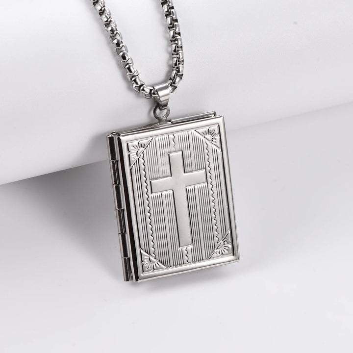 Christianartworkshop Hinged Book Locket Jesus Cross Pendant Necklace - Silver - image 2