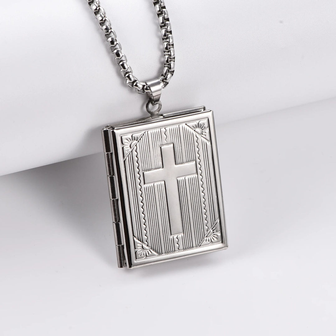 Christianartworkshop Hinged Book Locket Jesus Cross Pendant Titanium Necklace - Silver - image 2