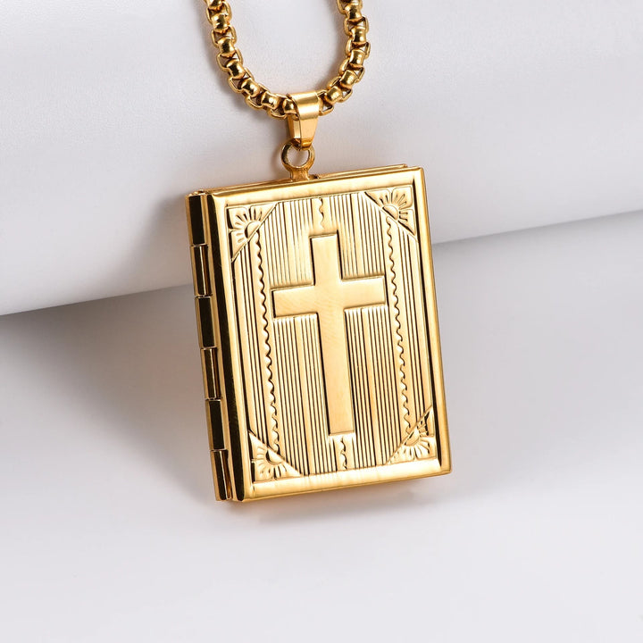 Christianartworkshop Hinged Book Locket Jesus Cross Pendant Titanium Necklace - Golden - image 1