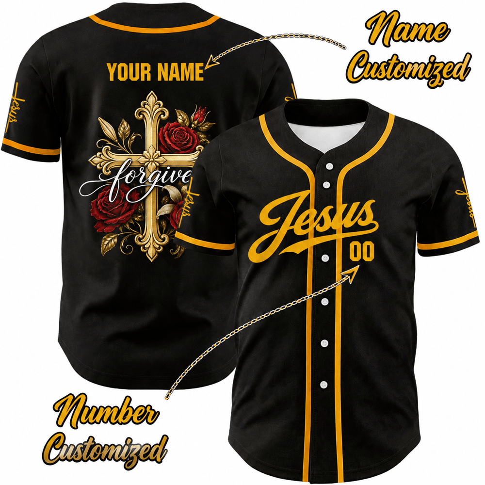 Christianartworkshop Jesus Forgive Golden Cross Red Rose Unisex Custom Baseball Jersey - 5XL - Name & Number Customized - image 0