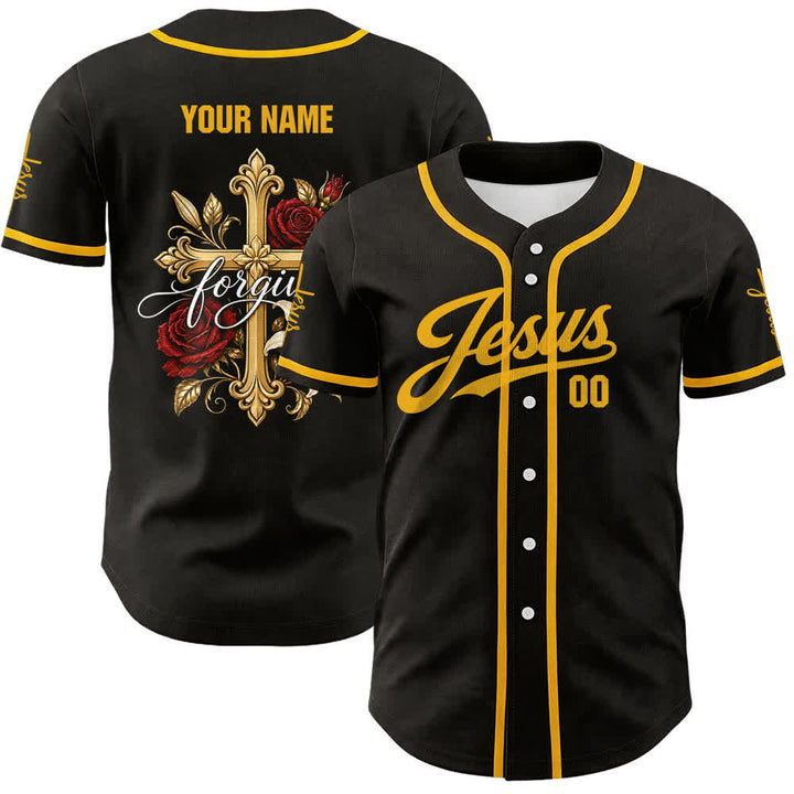 Christianartworkshop Jesus Forgive Golden Cross Red Rose Unisex Custom Baseball Jersey - image 1