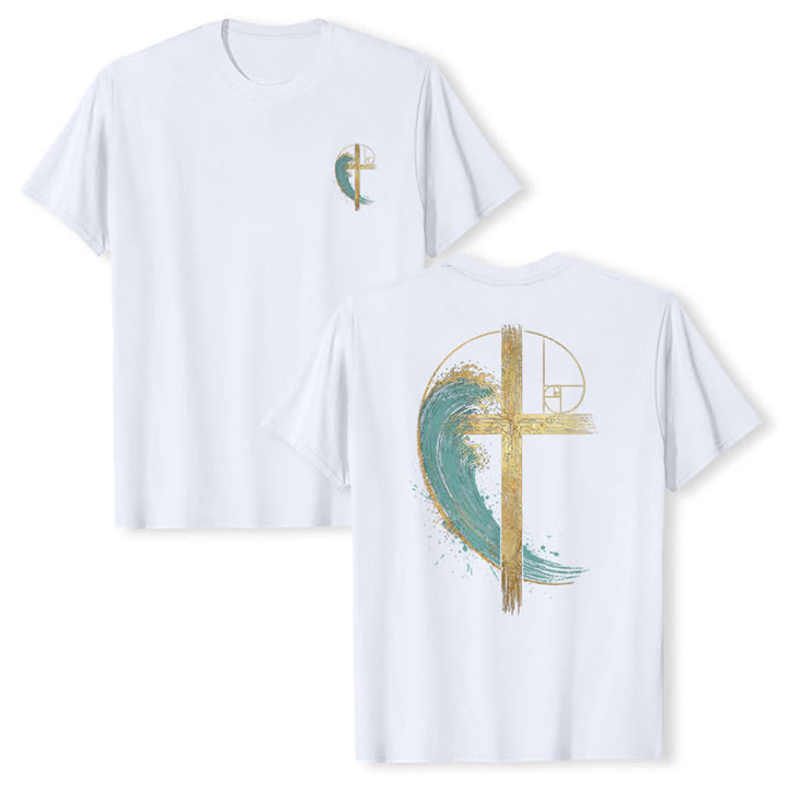 Christianartworkshop Golden Cross Wave Fibonacci Dual Side Print Classic T-shirt - White - 2XL - image 6