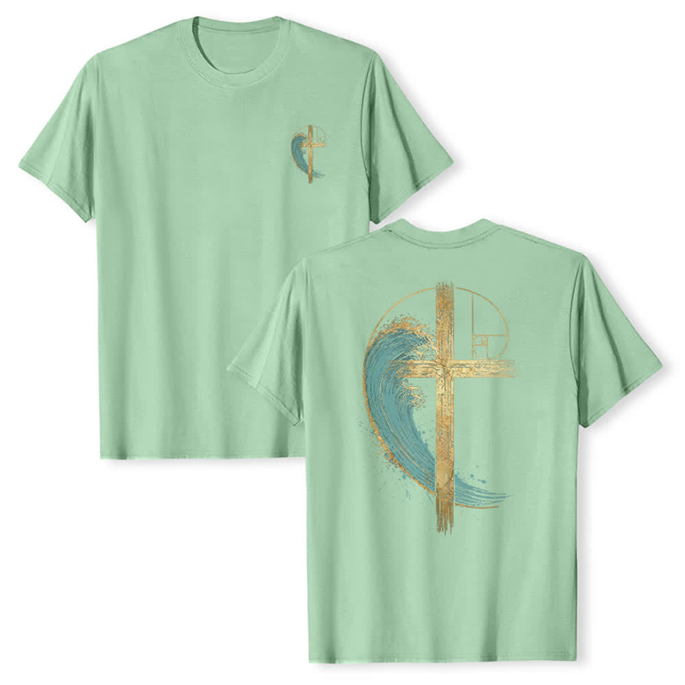 Christianartworkshop Golden Cross Wave Fibonacci Dual Side Print Classic T-shirt - Light Green - 2XL - image 0
