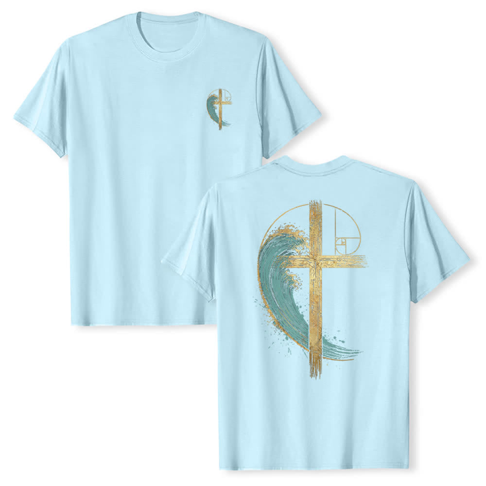 Christianartworkshop Golden Cross Wave Fibonacci Dual Side Print Classic T-shirt - Blue - 2XL - image 21