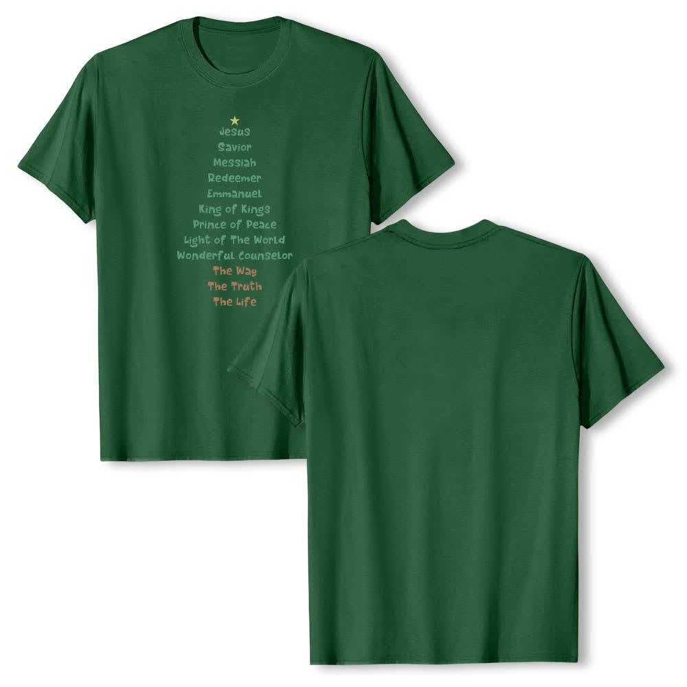 Christianartworkshop Dual-Side Jesus Names Christmas Tree Letter Print Classic T-shirt - Dark Green - 2XL - image 0