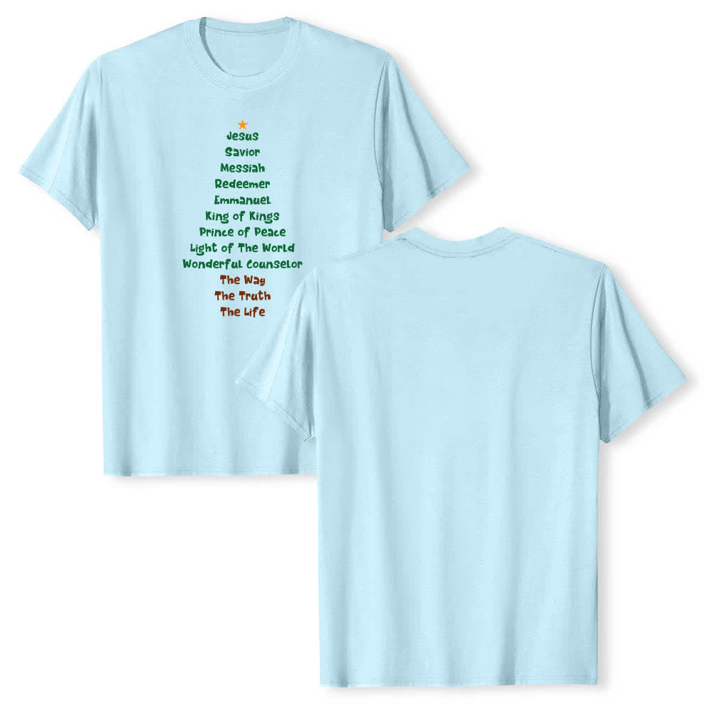 Christianartworkshop Dual-Side Jesus Names Christmas Tree Letter Print Classic T-shirt - Blue - 2XL - image 6