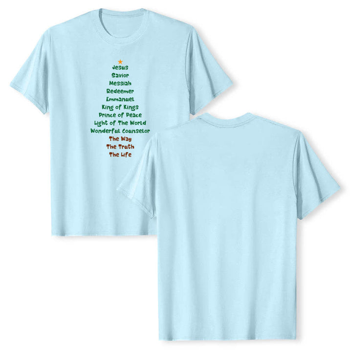 Christianartworkshop Dual-Side Jesus Names Christmas Tree Letter Print Classic T-shirt - Blue - 2XL - image 6
