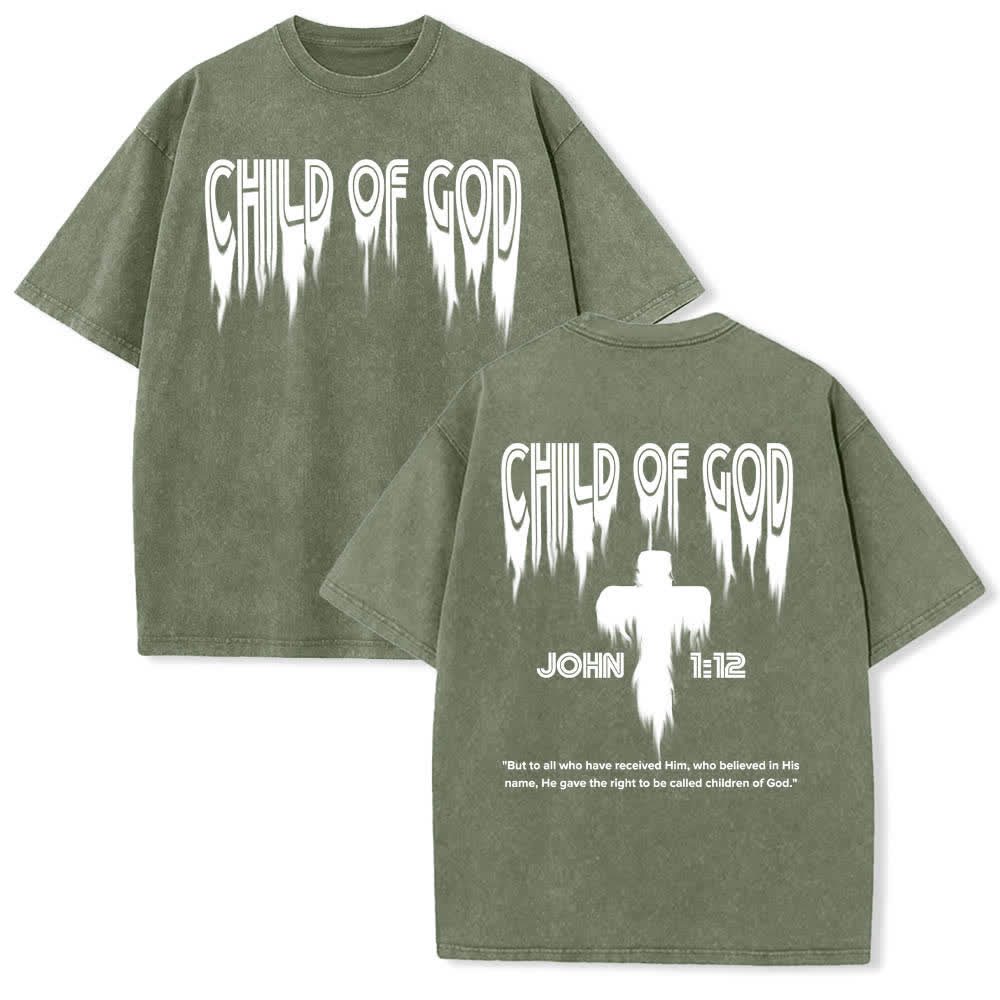 Christianartworkshop Dual-Side Child Of God John 1:12 Distressed Letter Print Washed T-shirt - Army Green - 5XL - image 0