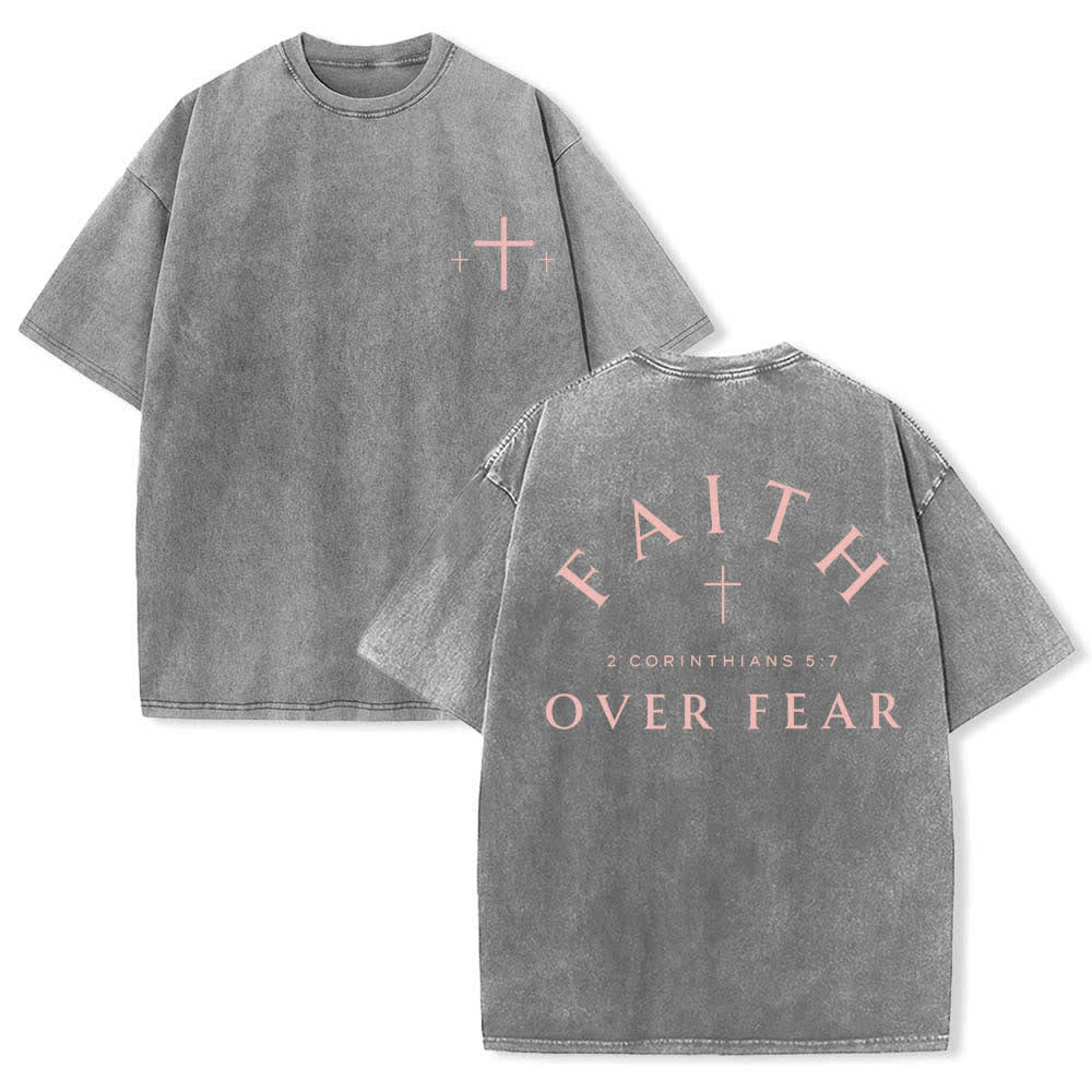 Christianartworkshop Dual-Side Faith Over Fear Cross Scripture Letter Print Washed T-shirt - Grey - 5XL - image 12