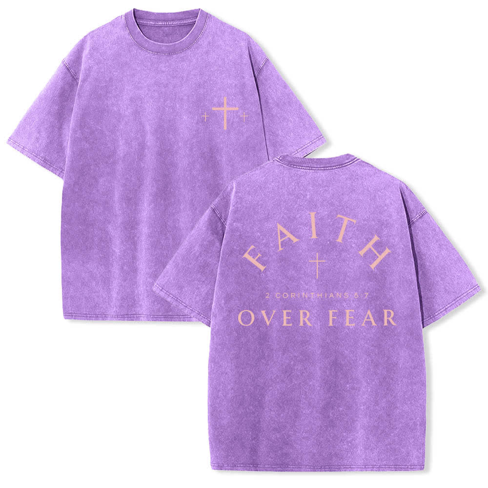 Christianartworkshop Dual-Side Faith Over Fear Cross Scripture Letter Print Washed T-shirt - Purple - 5XL - image 24
