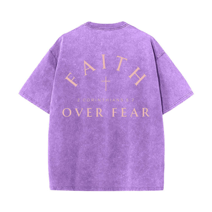 Christianartworkshop Dual-Side Faith Over Fear Cross Scripture Letter Print Washed T-shirt - image 25