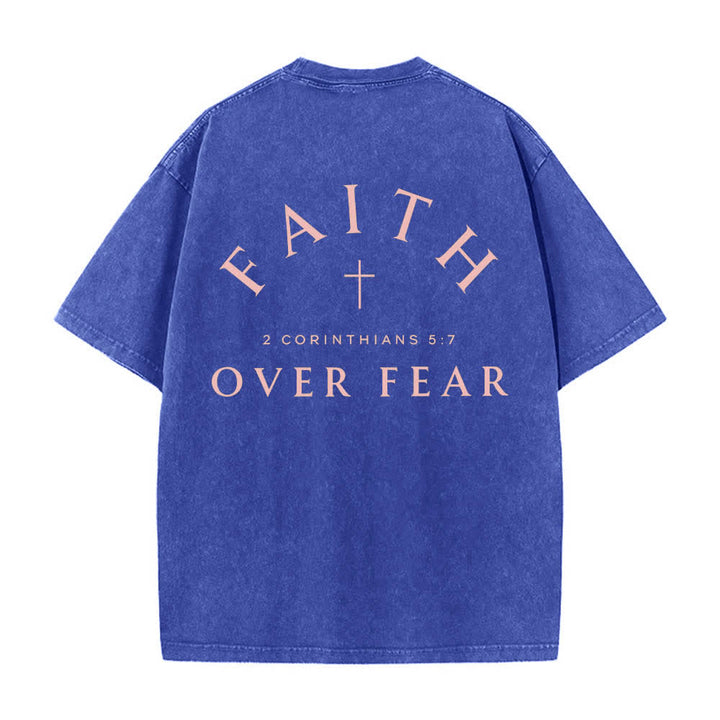 Christianartworkshop Dual-Side Faith Over Fear Cross Scripture Letter Print Washed T-shirt - image 7