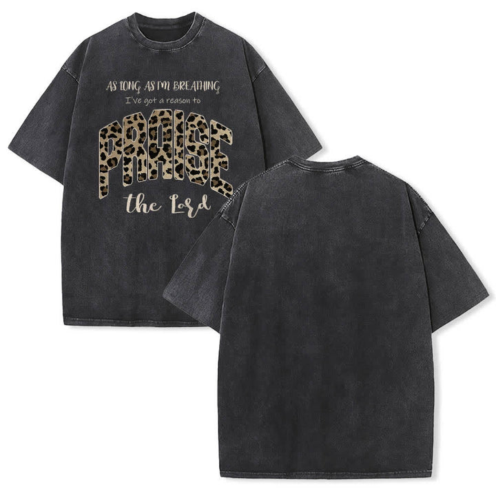 Christianartworkshop Dual-Side Praise The Lord Leopard Print Letter Washed T-shirt - Black - 5XL - image 21
