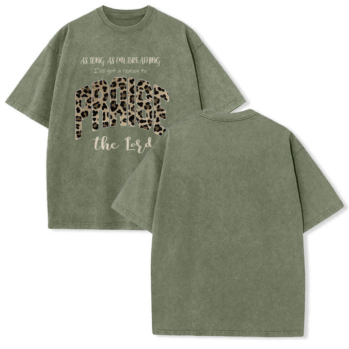 Christianartworkshop Dual-Side Praise The Lord Leopard Print Letter Washed T-shirt - Army Green - 5XL - image 6