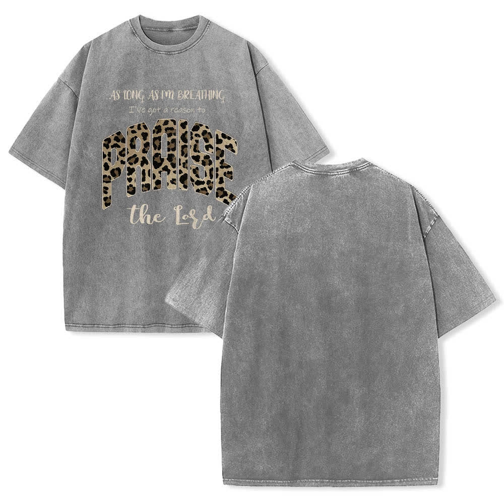 Christianartworkshop Dual-Side Praise The Lord Leopard Print Letter Washed T-shirt - Grey - 5XL - image 15