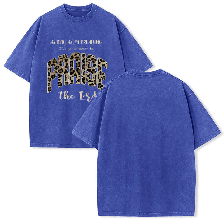 Christianartworkshop Dual-Side Praise The Lord Leopard Print Letter Washed T-shirt - Blue - 5XL - image 9