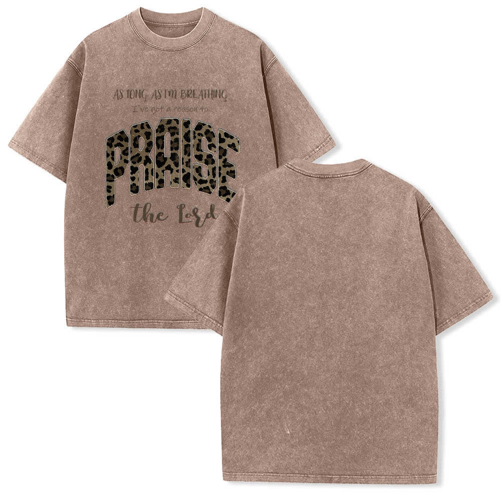 Christianartworkshop Dual-Side Praise The Lord Leopard Print Letter Washed T-shirt - Brown - 5XL - image 12