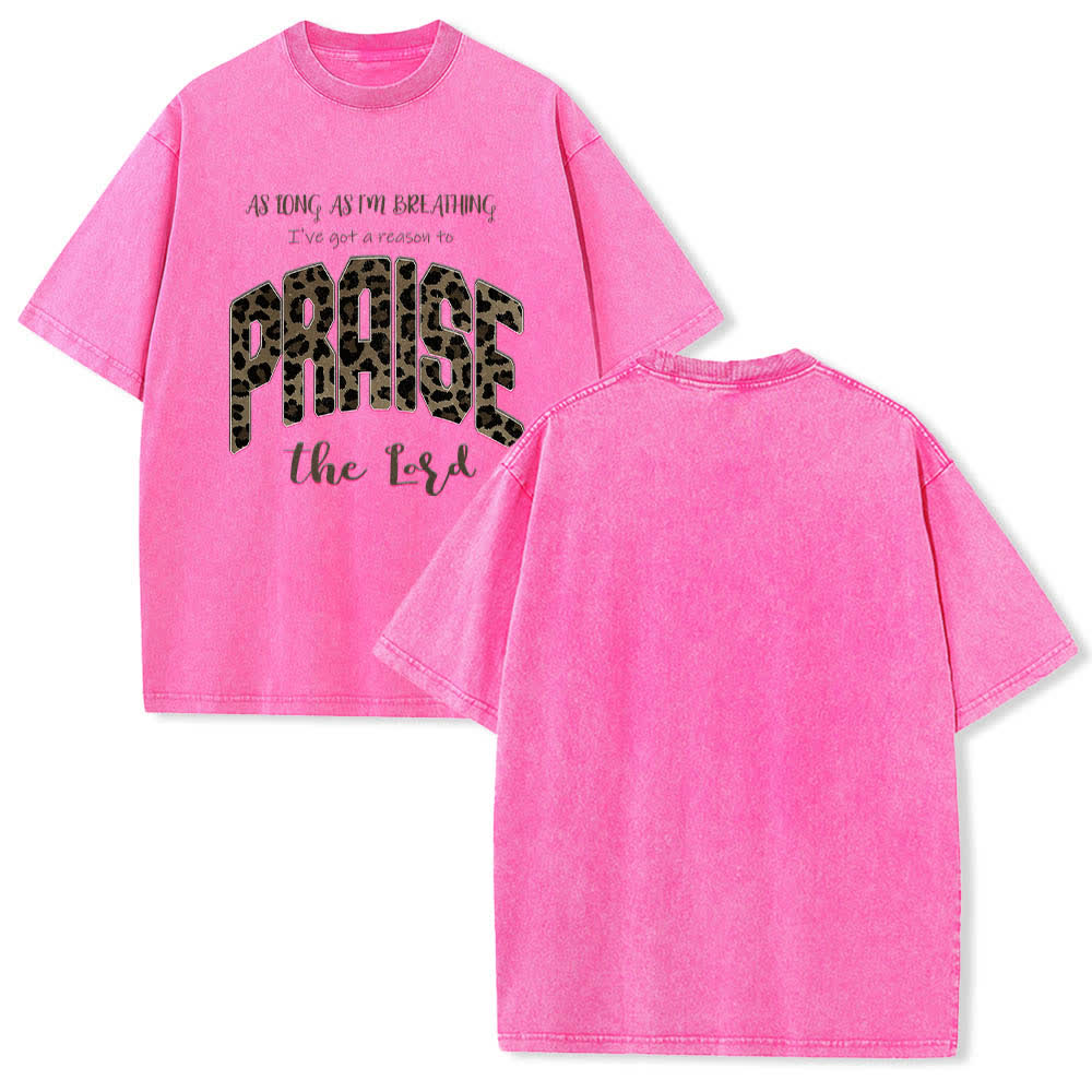 Christianartworkshop Dual-Side Praise The Lord Leopard Print Letter Washed T-shirt - Pink - 5XL - image 3