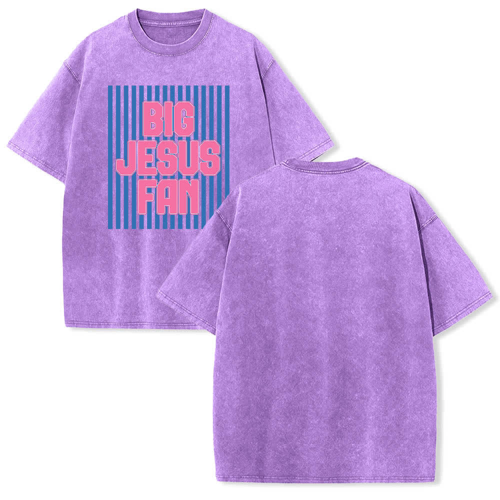 Christianartworkshop Dual-Side Big Jesus Fan Striped Letter Print Washed T-shirt - Purple - 5XL - image 3