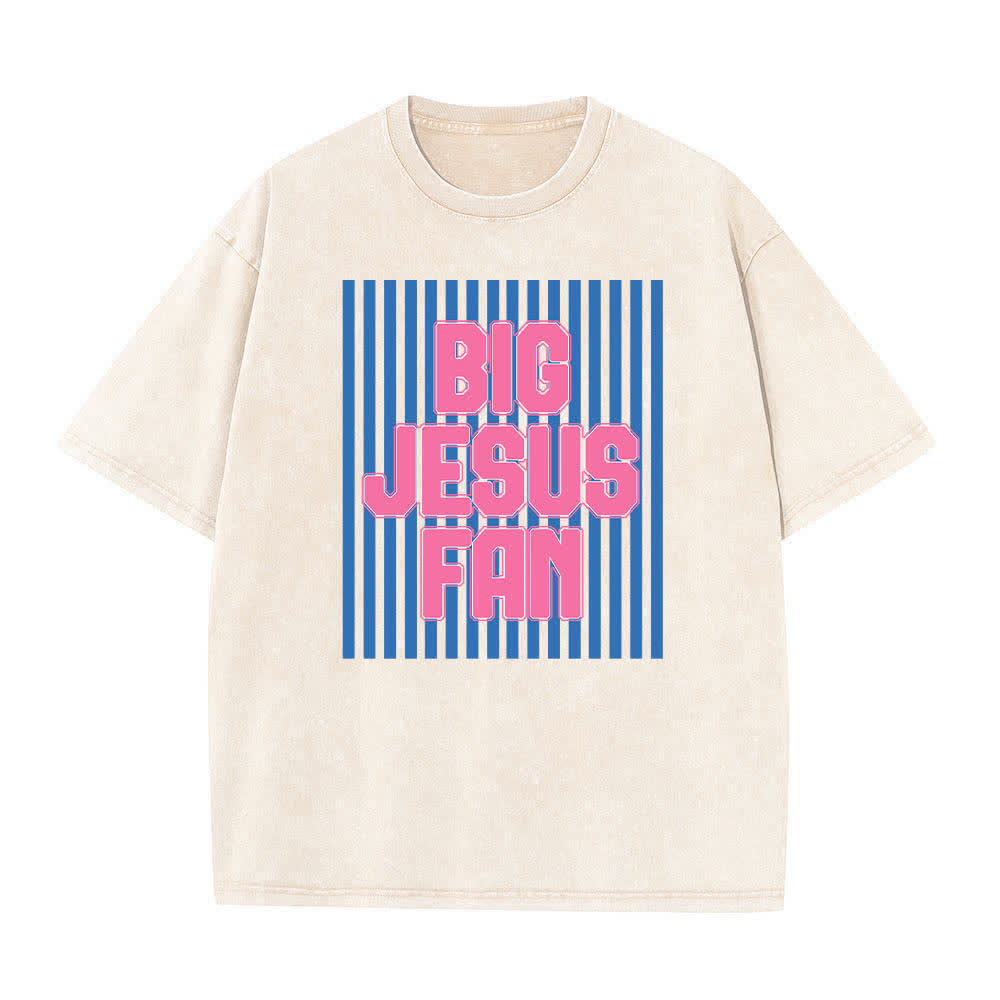 Christianartworkshop Dual-Side Big Jesus Fan Striped Letter Print Washed T-shirt - image 1