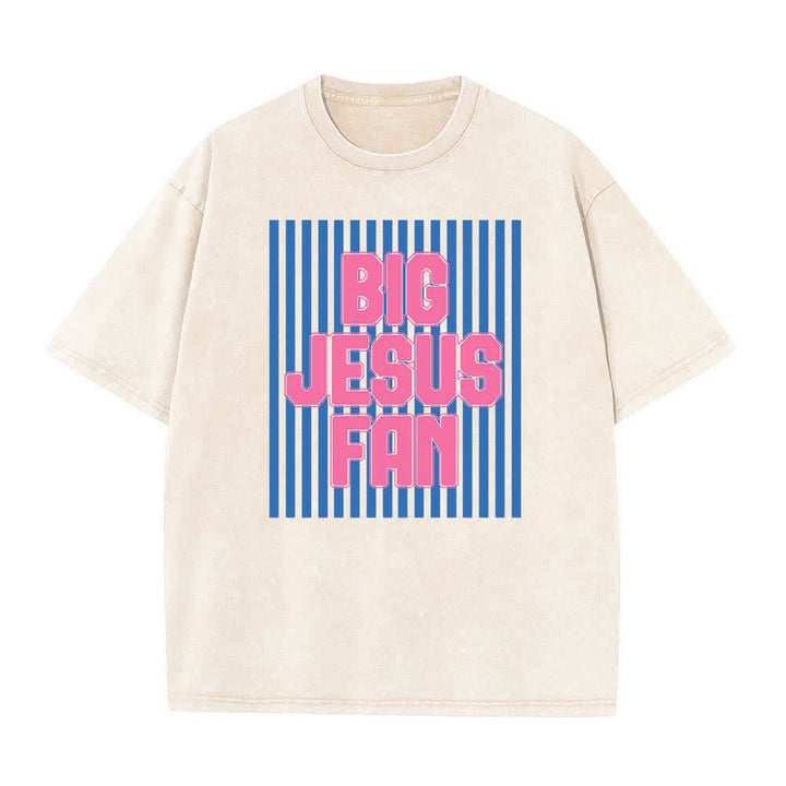 Christianartworkshop Dual-Side Big Jesus Fan Striped Letter Print Washed T-shirt - image 1
