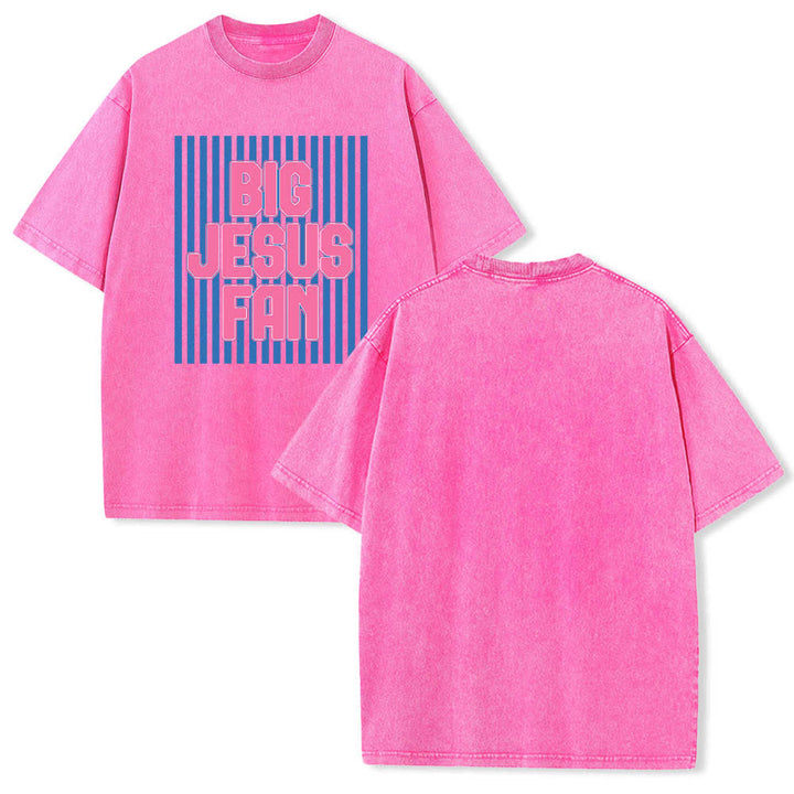 Christianartworkshop Dual-Side Big Jesus Fan Striped Letter Print Washed T-shirt - Pink - 5XL - image 6