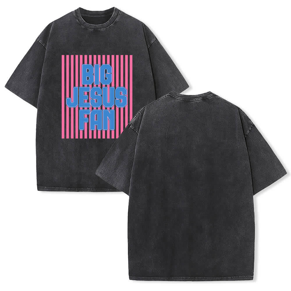 Christianartworkshop Dual-Side Big Jesus Fan Striped Letter Print Washed T-shirt - Black - 5XL - image 24